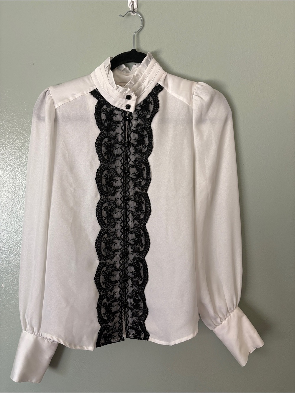 Plastic Island White Blouse with Black Lace Front Trim